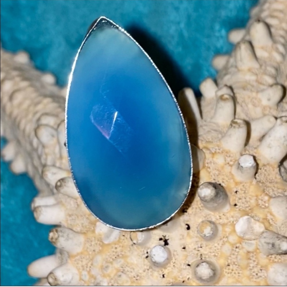 Huge Blue Chalcedony Beveled Natural Gemstone Handcrafted Ring